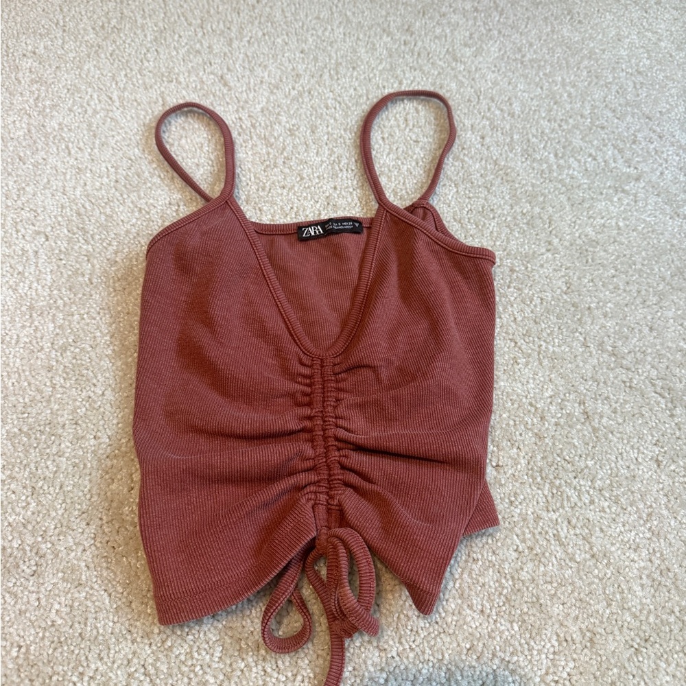 Zara Brown Ruched Tank Top with Tie Front